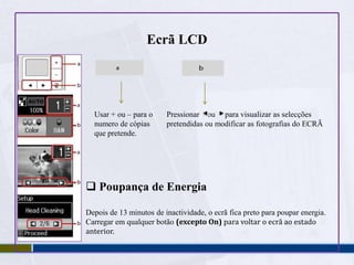 Guia do Painel de controloLigar/Desligar.Seleccionar copiar fotografia/documentos.Seleccionar ver ou imprimir fotografia.Seleccionar imprimir fotografia usando folha de índice.Seleccionar digitalizar/guardar documentos