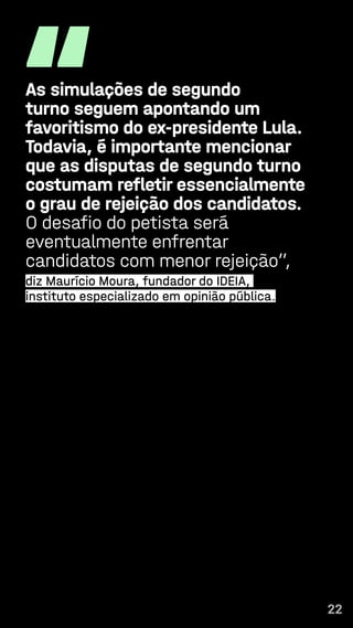 22
“
As simulações de segundo
turno seguem apontando um
favoritismo do ex-presidente Lula.
Todavia, é importante mencionar
que as disputas de segundo turno
costumam refletir essencialmente
o grau de rejeição dos candidatos.
O desafio do petista será
eventualmente enfrentar
candidatos com menor rejeição”,
diz Maurício Moura, fundador do IDEIA,
instituto especializado em opinião pública.
22
 