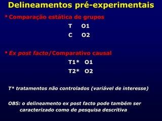 Delineamentos pré-experimentais
Comparação estática de grupos
T O1
C O2
Ex post facto/Comparativo causal
T1* O1
T2* O2
T* tratamentos não controlados (variável de interesse)
OBS: o delineamento ex post facto pode também ser
caracterizado como de pesquisa descritiva
 