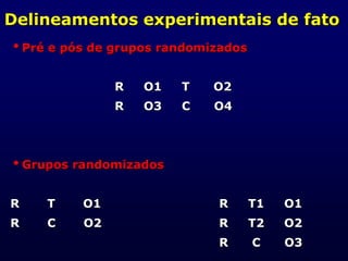 Delineamentos experimentais de fato
Pré e pós de grupos randomizados
R O1 T O2
R O3 C O4
Grupos randomizados
R T O1 R T1 O1
R C O2 R T2 O2
R C O3
 