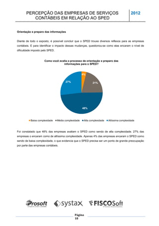 PERCEPÇÃO DAS EMPRESAS DE SERVIÇOS                                                      2012
          CONTÁBEIS EM RELAÇÃO AO SPED


Orientação e preparo das informações


Diante de todo o exposto, é possível concluir que o SPED trouxe diversos reflexos para as empresas
contábeis. E para identificar o impacto dessas mudanças, questionou-se como elas encaram o nível de
dificuldade imposto pelo SPED.


                     Como você avalia o processo de orientação e preparo das
                                  informações para o SPED?


                                                      4%

                                       27%                     21%




                                                      48%



          Baixa complexidade     Média complexidade     Alta complexidade   Altíssima complexidade



Foi constatado que 48% das empresas avaliam o SPED como sendo de alta complexidade. 27% das
empresas o encaram como de altíssima complexidade. Apenas 4% das empresas encaram o SPED como
sendo de baixa complexidade, o que evidencia que o SPED precisa ser um ponto de grande preocupação
por parte das empresas contábeis.




                                               Página
                                               18
 