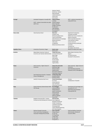 Wojciech Dyduch
                                                                      Bartłomiej J. Gabryś
                                                                      Rafał Kozłowski
                                                                      Izabella Kozłowska
                                                                      Joanna Pach
                                                                      Iwona Karaś
Portugal                  Sociedade Portuguesa e Inovação (SPI)       Augusto Medina                  ISCTE - Instituto Universitário de
                                                                      Luís Reto                       Lisboa (ISCTE-IUL)
                          ISCTE - Instituto Universitário de Lisboa   António Caetano
                          (ISCTE-IUL)                                 Nelson Ramalho
                                                                      Douglas Thompson
                                                                      Rui Monteiro
                                                                      João Rodrigues
                                                                      Nuno Gonçalves
                                                                      Ana Ribeiro
Reino Unido               Aston Business School                       Mark Hart                       Department for Business,
                                                                      Jonathan Levie                  Innovation and Skills
                                                                      Michael Anyadike-Danes          PRIME (The Prince's Initiative for
                                                                      Yasser Ahmad Bhatti             Mature Enterprise)
                                                                      Aloña Martiarena Arrizabalaga   Welsh Assembly Goverment
                                                                      Mohammed Karim                  Invest Northern Ireland
                                                                      Erkko Autio                     Hunter Centre for
                                                                      Liz Blackford                   Entrepreneurship, Strathclyde
                                                                      Mohammed Shamsul Karim          University
                                                                                                      Enterprise UK
                                                                                                      Birmingham City Council
República Tcheca          University of Economics, Prague       Martin Lukes                          Ministry of Industry and Trade
                                                                Martina Jakl
Romênia                   Babeș-Bolyai University, Faculty of   Tünde Petra Petru                     Babeș-Bolyai University of Cluj-
                          Economics and Business Administration Annamária Benyovszki                  Napoca
                                                                Ágnes Nagy                            OTP Bank Romania
                                                                István Pete                           Asociația Pro Oeconomica
                                                                Lehel Györfy
                                                                Dumitru Matiș
                                                                Levente Szász
                                                                Eugenia Matiș

Rússia                    State University - Higher School of     Chepurenko Alexander                State University - Higher School of
                          Economics                               Obraztsova Olga                     Economics
                                                                  Alimova Tatiana                     Saint Petersburg University -
                                                                  Gabelko Maria                       Graduate School of Management
                                                                  Murzacheva Ekaterina
                                                                  Popovskaya Ekaterina
                          Saint Petersburg University - Graduate  Verkhovskaya Olga
                          School of Management                    Dorokhina Maria
                                                                  Shirokova Galina
Suécia                    Swedish Entrepreneurship Forum          Pontus Braunerhjelm                 Vinnova
                                                                  Per Thulin                          Confederation of Swedish
                                                                  Kristina Nyström                    Enterprise
                                                                  Carin Holmquist
                                                                  Ulrika Stuart Hamilton
Suiça                     School of Business Administration (HEG- Rico Baldegger                      Kommission für Technologie und
                          FR) Fribourg                            Andreas Brülhart                    Innovation KTI / CTI
                                                                  Philipp Bubenzer                    HEG Haute Ecole de Gestion
                                                                  Sabine Frischknecht                 Fribourg (HEG-FR)
                                                                  Thomas Straub
                                                                  Fredrik Hacklin
                                                                  Alberton Siegfried
                                                                  Pascal Wild
Tailândia                 Bangkok University (CEDI - Creative     Pichit Akrathit                     Bangkok University
                          Entrepreneurship Development Institute) Koson Sapprasert
                                                                  Navaphol Viriyakunkit
                                                                  Vichate Tantiwanich
                                                                  Luckxawan Pimsawadi
                                                                  Veerapong Malai
                                                                  Yupana Wiwattanakantang
                                                                  Sarn Aksaranugraha
Taiwan                    National Chengchi University            Chao-Tung Wen                       Small and Medium Enterprise
                          China Youth Career Development          Chang-Yung Liu                      Administration, Ministry of
                          Association Headquartere (CYCDA)        Su-Lee Tsai                         Economic Affairs
                                                                  Yu-Ting Cheng
                                                                  Yi-Wen Chen
                                                                  Ru-Mei Hsieh
                                                                  Chung-Min Lo



Global Entrepreneurship Monitor                                                                                                     117
 