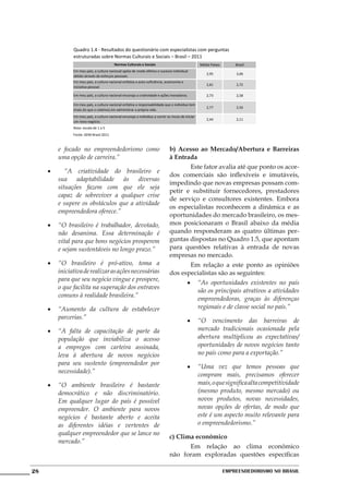 Quadro 1.4 - Resultados do questionário com especialistas com perguntas
               estruturadas sobre Normas Culturais e Sociais – Brasil – 2011
                                          Normas Culturais e Sociais                                Média Países       Brasil
               Em meu país, a cultura nacional apóia de modo efetivo o sucesso individual
                                                                                                        2,95           3,06
               obtido através de esforços pessoais.
               Em meu país, a cultura nacional enfatiza a auto-suficiência, autonomia e
                                                                                                        2,81           2,72
               iniciativa pessoal.

               Em meu país, a cultura nacional encoraja a criatividade e ações inovadoras.              2,73           2,58

               Em meu país, a cultura nacional enfatiza a responsabilidade que o indivíduo tem
                                                                                                        2,77           2,56
               (mais do que o coletivo) em administrar a própria vida.
               Em meu país, a cultura nacional encoraja o indivíduo a correr os riscos de iniciar
                                                                                                        2,44           2,11
               um novo negócio.
               Nota: escala de 1 a 5
               Fonte: GEM Brasil 2011



          e focado no empreendedorismo como                                    b) Acesso ao Mercado/Abertura e Barreiras
          uma opção de carreira.”                                              à Entrada
                                                                               	      Este fator avalia até que ponto os acor-
     •	      “A criatividade do brasileiro e
                                                                               dos comerciais são inflexíveis e imutáveis,
          sua adaptabilidade às diversas
                                                                               impedindo que novas empresas possam com-
          situações fazem com que ele seja
                                                                               petir e substituir fornecedores, prestadores
          capaz de sobreviver a qualquer crise
                                                                               de serviço e consultores existentes. Embora
          e supere os obstáculos que a atividade
                                                                               os especialistas reconhecem a dinâmica e as
          empreendedora oferece.”
                                                                               oportunidades do mercado brasileiro, os mes-
     •	 “O brasileiro é trabalhador, devotado,                                 mos posicionaram o Brasil abaixo da média
        não desanima. Essa determinação é                                      quando responderam as quatro últimas per-
        vital para que bons negócios prosperem                                 guntas dispostas no Quadro 1.5, que apontam
        e sejam sustentáveis no longo prazo.”                                  para questões relativas à entrada de novas
                                                                               empresas no mercado.
     •	 “O brasileiro é pró-ativo, toma a                                      	      Em relação a este ponto as opiniões
        iniciativa de realizar as ações necessárias                            dos especialistas são as seguintes:
        para que seu negócio vingue e prospere,
                                                                                           •	 “As oportunidades existentes no país
        o que facilita na superação dos entraves
                                                                                              são os principais atrativos a atividades
        comuns à realidade brasileira.”
                                                                                              empreendedoras, graças às diferenças
     •	 “Aumento da cultura de estabelecer                                                    regionais e de classe social no país.”
        parcerias.”
                                                                                           •	 “O vencimento das barreiras de
     •	 “A falta de capacitação de parte da                                                   mercado tradicionais ocasionada pela
        população que inviabiliza o acesso                                                    abertura multiplicou as expectativas/
        a empregos com carteira assinada,                                                     oportunidades de novos negócios tanto
        leva à abertura de novos negócios                                                     no país como para a exportação.”
        para seu sustento (empreendedor por
                                                                                           •	 “Uma vez que temos pessoas que
        necessidade).”
                                                                                              compram mais, precisamos oferecer
     •	 “O ambiente brasileiro é bastante                                                     mais, o que significa alta competitividade
        democrático e não discriminatório.                                                    (mesmo produto, mesmo mercado) ou
        Em qualquer lugar do país é possível                                                  novos produtos, novas necessidades,
        empreender. O ambiente para novos                                                     novas opções de ofertas, de modo que
        negócios é bastante aberto e aceita                                                   este é um aspecto muito relevante para
        as diferentes idéias e vertentes de                                                   o empreendedorismo.”
        qualquer empreendedor que se lance no
                                                                               c) Clima econômico
        mercado.”
                                                                               	     Em relação ao clima econômico
                                                                               não foram exploradas questões específicas

28                                                                                                                 Empreendedorismo No Brasil
 