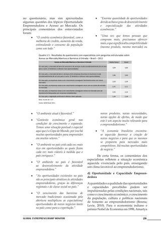 no questionário, mas sim aproveitadas                                                   •	 “Enorme quantidade de oportunidades
algumas questões dos tópicos Oportunidade                                                  devido ao baixo grau de desenvolvimento
Empreendedora e Acesso ao Mercado. Os                                                      e especialização das atividades
principais comentários dos entrevistados                                                   econômicas.”
foram:
                                                                                        •	 “Uma vez que temos pessoas que
      •	 “O cenário econômico favorável, com a
                                                                                           compram mais, precisamos oferecer
          melhoria do credito, aumento da renda,
                                                                                           mais, o que significa alta competitividade
          estimulando o consumo da população
                                                                                           (mesmo produto, mesmo mercado) ou
          como um todo.”

            Quadro 1.5 - Resultados do questionário com especialistas com perguntas estruturadas sobre
            Acesso ao Mercado/Abertura e Barreiras à Entrada – Brasil – 2011
                                    Acesso ao Mercado/Abertura e Barreiras à Entrada                   Média Países   Brasil

            Em meu país, o mercado de bens de consumo e de serviços muda consideravelmente de um ano
                                                                                                          3,04        3,60
            para o outro. (É dinâmico e oferece mais oportunidades)

            Em meu país, o mercado de bens e serviços entre empresas (business-to-business) muda
                                                                                                          2,96        3,40
            consideravelmente de um ano para o outro. (É dinâmico e oferece mais oportunidades)

            Em meu país, as empresas novas e em crescimento conseguem facilmente entrar em novos
                                                                                                          2,63        2,39
            mercados.
            Em meu país, as empresas novas e em crescimento conseguem arcar com os custos de entrada
                                                                                                          2,41        2,11
            no mercado.
            Em meu país, as empresas novas e em crescimento conseguem entrar no mercado sem ser
                                                                                                          2,55        2,14
            injustamente bloqueadas por empresas estabelecidas.
            Em meu país, a legislação antitruste é efetiva e bem aplicada.                                2,49        2,38
            Nota: escala de 1 a 5
            Fonte: GEM Brasil 2011




      •	 “O ambiente atual é favorável.”                                                       novos produtos, novas necessidades,
                                                                                               novas opções de ofertas, de modo que
      •	 “Contexto econômico geral nas                                                         este é um aspecto muito relevante para
         condições de crescimento e expansão.                                                  o empreendedorismo.”
         Temos uma situação pontual e especial
         aqui que é a Copa do Mundo, por isso há                                        •	 “A economia brasileira encontra-
         muitas oportunidades para empreender                                              se aquecida favorece a criação de
         em muitos setores.”                                                               novos negócios e para que os mesmos
                                                                                           se preparem para mercados mais
      •	 “O ambiente no país está cada vez mais                                            competitivos. Há muitas oportunidades
         rico em oportunidades as quais ficam                                              de negócio.”
         cada vez mais viáveis à medida que o
         país enriquece.”                                                     	      De certa forma, os comentários dos
                                                                              especialistas refletem a situação econômica
      •	 “O ambiente no país é favorável                                      aquecida vivenciada pelo país, enxergando
         ao desenvolvimento da atividade                                      um clima favorável ao empreendedorismo.
         empreendedora.”
                                                                              d) Oportunidade e Capacidade Empreen-
      •	 “As oportunidades existentes no país                                 dedora
         são os principais atrativos às atividades
         empreendedoras, graças às diferenças                                 A quantidade e a qualidade das oportunidades
         regionais e de classe social no país.”                               e capacidades percebidas podem ser
                                                                              impulsionadas pelas condições nacionais, tais
      •	 “O vencimento das barreiras de                                       como o crescimento econômico, o crescimento
         mercado tradicionais ocasionada pela                                 da população, cultura e políticas nacionais
         abertura multiplicou as expectativas/                                de fomento ao empreendedorismo (Bosma;
         oportunidades de novos negócios tanto                                Levie, 2010). Para o economista indiano e
         no país como para a exportação.”                                     prêmio Nobel de Economia em 1998, Amartya


Global Entrepreneurship Monitor                                                                                                  29
 