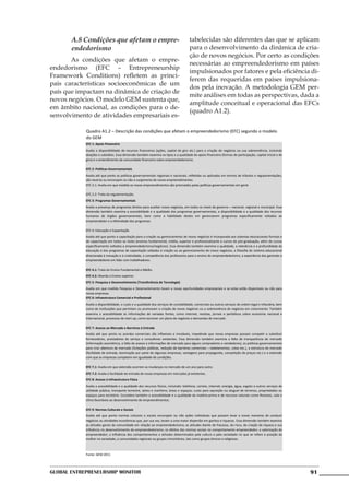 A.8 Condições que afetam o empre-                                               tabelecidas são diferentes das que se aplicam
       endedorismo                                                                     para o desenvolvimento da dinâmica de cria-
                                                                                       ção de novos negócios. Por certo as condições
	      As condições que afetam o empre-
                                                                                       necessárias ao empreendedorismo em países
endedorismo (EFC – Entrepreneurship
                                                                                       impulsionados por fatores e pela eficiência di-
Framework Conditions) refletem as princi-
                                                                                       ferem das requeridas em países impulsiona-
pais características socioeconômicas de um
                                                                                       dos pela inovação. A metodologia GEM per-
país que impactam na dinâmica de criação de
                                                                                       mite análises em todas as perspectivas, dada a
novos negócios. O modelo GEM sustenta que,
                                                                                       amplitude conceitual e operacional das EFCs
em âmbito nacional, as condições para o de-
                                                                                       (quadro A1.2).
senvolvimento de atividades empresariais es-

            Quadro A1.2 – Descrição das condições que afetam o empreendedorismo (EFC) segundo o modelo
            do GEM
            EFC 1: Apoio Financeiro
            Avalia a disponibilidade de recursos financeiros (ações, capital de giro etc.) para a criação de negócios ou sua sobrevivência, incluindo
            doações e subsídios. Essa dimensão também examina os tipos e a qualidade do apoio financeiro (formas de participação, capital inicial e de
            giro) e o entendimento da comunidade financeira sobre empreendedorismo.

            EFC 2: Políticas Governamentais
            Avalia até que ponto as políticas governamentais regionais e nacionais, refletidas ou aplicadas em termos de tributos e regulamentações,
            são neutras ou encorajam ou não o surgimento de novos empreendimentos.
            EFC 2.1: Avalia em que medida os novos empreendimentos são priorizados pelas políticas governamentais em geral.

            EFC 2.2: Trata da regulamentação.
            EFC 3: Programas Governamentais
            Avalia a presença de programas diretos para auxiliar novos negócios, em todos os níveis de governo – nacional, regional e municipal. Essa
            dimensão também examina a acessibilidade e a qualidade dos programas governamentais, a disponibilidade e a qualidade dos recursos
            humanos de órgãos governamentais, bem como a habilidade destes em gerenciarem programas especificamente voltados ao
            empreendedor e a efetividade dos programas.

            EFC 4: Educação e Capacitação
            Avalia até que ponto a capacitação para a criação ou gerenciamento de novos negócios é incorporada aos sistemas educacionais formais e
            de capacitação em todos os níveis (ensinos fundamental, médio, superior e profissionalizante e cursos de pós-graduação, além de cursos
            especificamente voltados a empreendedorismo/negócios). Essa dimensão também examina a qualidade, a relevância e a profundidade da
            educação e dos programas de capacitação voltados à criação ou ao gerenciamento de novos negócios, a filosofia do sistema educacional
            direcionada à inovação e à criatividade, a competência dos professores para o ensino do empreendedorismo, a experiência dos gerentes e
            empreendedores em lidar com trabalhadores.

            EFC 4.1: Trata do Ensino Fundamental e Médio.
            EFC 4.2: Aborda o Ensino superior.
            EFC 5: Pesquisa e Desenvolvimento (Transferência de Tecnologia)
            Avalia em que medida Pesquisa e Desenvolvimento levam a novas oportunidades empresariais e se estas estão disponíveis ou não para
            novas empresas.
            EFC 6: Infraestrutura Comercial e Profissional
            Avalia a disponibilidade, o custo e a qualidade dos serviços de contabilidade, comerciais ou outros serviços de ordem legal e tributária, bem
            como de instituições que permitam ou promovam a criação de novos negócios ou a sobrevivência de negócios em crescimento. Também
            examina a acessibilidade às informações de variadas fontes, como internet, revistas, jornais e periódicos sobre economia nacional e
            internacional, processos de start-up, como escrever um plano de negócios e demandas de mercado.

            EFC 7: Acesso ao Mercado e Barreiras à Entrada
            Avalia até que ponto os acordos comerciais são inflexíveis e imutáveis, impedindo que novas empresas possam competir e substituir
            fornecedores, prestadores de serviço e consultores existentes. Essa dimensão também examina a falta de transparência do mercado
            (informação assimétrica, a falta de acesso a informações de mercado para alguns compradores e vendedores), as políticas governamentais
            para criar abertura de mercado (licitações públicas, redução de barreiras comerciais – tabelamentos, cotas etc.), a estrutura do mercado
            (facilidade de entrada, dominação por parte de algumas empresas, vantagens para propaganda, competição de preços etc.) e a extensão
            com que as empresas competem em igualdade de condições.

            EFC 7.1: Avalia em que extensão ocorrem as mudanças no mercado de um ano para outro.
            EFC 7.2: Avalia a facilidade de entrada de novas empresas em mercados já existentes.
            EFC 8: Acesso à Infraestrutura Física
            Avalia a acessibilidade e a qualidade dos recursos físicos, incluindo: telefonia, correio, internet; energia, água, esgoto e outros serviços de
            utilidade pública; transporte terrestre, aéreo e marítimo; áreas e espaços; custo para aquisição ou aluguel de terrenos, propriedades ou
            espaços para escritório. Considera também a acessibilidade e a qualidade da matéria-prima e de recursos naturais como florestas, solo e
            clima favoráveis ao desenvolvimento de empreendimentos.

            EFC 9: Normas Culturais e Sociais
            Avalia até que ponto normas culturais e sociais encorajam ou não ações individuais que possam levar a novas maneiras de conduzir
            negócios ou atividades econômicas que, por sua vez, levam a uma maior dispersão em ganhos e riquezas. Essa dimensão também examina
            as atitudes gerais da comunidade em relação ao empreendedorismo; as atitudes diante do fracasso, do risco, da criação de riqueza e sua
            influência no desenvolvimento do empreendedorismo; os efeitos das normas sociais no comportamento empreendedor; a valorização do
            empreendedor; a influência dos comportamentos e atitudes determinados pela cultura e pela sociedade no que se refere à posição da
            mulher na sociedade, a comunidades regionais ou grupos minoritários, tais como grupos étnicos e religiosos.



            Fonte: GEM 2011




Global Entrepreneurship Monitor                                                                                                                               91
 