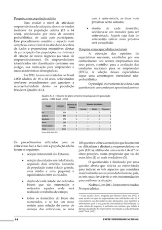 Pesquisa com população adulta                                                   casa é entrevistada, as duas mais
	       Para avaliar o nível da atividade                                       próximas serão saltadas;
empreendedora de cada país, são entrevistados
                                                                           •	 dentro     de     cada  domicílio,
membros da população adulta (18 a 64
                                                                              seleciona-se um morador para ser
anos), selecionados por meio de amostra
                                                                              entrevistado. Aquele cuja data de
probabilística, de cada país participante.
                                                                              aniversário estiver mais próxima
Esse procedimento constitui o aspecto mais                                    será o escolhido.
complexo, caro e visível da atividade de coleta
de dados e proporciona estimativas diretas                       Pesquisa com especialistas nacionais
da participação das populações na dinâmica                       	      A obtenção das opiniões de
de criação de novos negócios (as taxas de                        especialistas nacionais, escolhidos por seu
empreendedorismo). Os empreendedores                             conhecimento dos setores empresariais nos
identificados são classificados conforme seu                     seus países, contribui para a avaliação das
estágio, sua motivação para empreender e                         condições nacionais para se empreender
suas características demográficas.                               (EFCs). A seleção desses especialistas
	       Em 2011, foram entrevistados no Brasil                   segue uma amostragem intencional não-
2.000 adultos de 18 a 64 anos, selecionados                      probabilística.
conforme procedimentos que garantem a                            	      O principal instrumento de coleta é um
representatividade destes na população                           questionário composto por aproximadamente
brasileira Quadro A1.4.
                     Quadro A1.4 – Resumo do plano amostral da pesquisa com população
                     adulta – GEM Brasil – 2011

                                                     Número de             Número de cidades
                           Região        Amostra
                                                      Estados
                                                                  Grande        Média       Pequena
                     Sul                      300            2             2            2             2
                     Sudeste                  850            3             3            3             3
                     Nordeste                 570            2             2            2             2
                     Norte                    140            1             1            1             1
                     Centro-Oeste             140            1             1            1             1
                     Total                    2000           9             9            9             9
                     Fonte: GEM Brasil 2011




Os procedimentos utilizados para as                              100 questões sobre as condições que favorecem
entrevistas face a face com a população adulta                   ou dificultam a dinâmica empreendedora no
foram os seguintes:                                              país (EFCs), utilizando uma escala Likert14 de
      •	 seleção intencional dos Estados;                        cinco posições, numa progressão que vai do
                                                                 mais falso (1) ao mais verdadeiro (5).
      •	 seleção das cidades em cada Estado,
                                                                 	       O questionário é finalizado por uma
         seguindo dois critérios: tamanho
                                                                 questão aberta que solicita ao entrevistado
         da população (uma cidade grande,
                                                                 para indicar: os três aspectos que considera
         uma média e uma pequena) e
                                                                 mais limitantes ao empreendedorismo no país,
         equidistância entre as cidades;
                                                                 os três mais favoráveis e três recomendações
      •	 dentro de cada cidade, são definidos                    para melhorar a situação.
         blocos que são numerados e                              	       No Brasil, em 2011, foram entrevistados
         sorteados aqueles onde será                             36 especialistas.
         realizado o trabalho de campo;
                                                                  14
                                                                     Uma escala Likert, proposta por Rensis Likert em 1932, é
      •	 todos os domicílios do bloco são                        uma escala em que os respondentes são solicitados não só a
                                                                 concordarem ou discordarem das afirmações, mas também a
         numerados, e se faz um novo                             informarem qual o seu grau de concordância/discordância. A
         sorteio para seleção do ponto de                        cada célula de resposta, é atribuído um número que reflete a
         começo das entrevistas; se uma                          direção da atitude do respondente em relação a cada afirmação
                                                                 (MATTAR, 1997).


94                                                                                             Empreendedorismo No Brasil
 