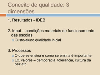 Limites técnicosMédia – pode induzir formas perversas de melhoria – investimento nos melhores resultadosNão controla a não presençaDesconsidera as condições materiais de funcionamento das escolasDesconsidera a condição econômica do aluno (impedindo comparações mais sólidas) 