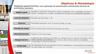 Objetivos & Metodologia
PESQUISA QUANTITATIVA, com aplicação de questionário estruturado através de
entrevistas pessoais.

  Objetivo geral
                    Levantar e monitorar indicadores sobre a satisfação com a qualidade de vida na
                    cidade, condições de moradia, avaliação de serviços e de instituições públicas.

Local da pesquisa   Município de São Paulo – SP


    Universo        População paulistana com 16 anos de idade ou mais.


Período de campo    De 24 de Novembro até 08 de Dezembro de 2012.


Dimensionamento     Total de 1.512 entrevistas.

                    O intervalo de confiança é de 95% e a margem de erro máxima estimada é de 3
 Margem de Erro     (três) pontos percentuais para mais ou para menos sobre os resultados
                    encontrados no total da amostra.

   Ponderação       Os resultados foram ponderados a fim de restabelecer a proporção de moradores
                    de cada região do município.
 