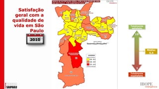 Satisfação
 geral com a
qualidade de
 vida em São    Totalmente
                 satisfeito
        Paulo
                    10

       2010

                               Média:
                                5,5




                     1
                Totalmente
                insatisfeito
 