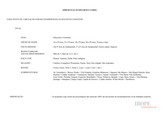 APRESENTAÇÃO DOS RESULTADOS:



PARA EFEITO DE TABULAÇÃO FORAM CONSIDERADAS AS SEGUINTES VARIÁVEIS:



      . TOTAL



           . SEXO                      - Masculino e Feminino.

           . GRUPO DE IDADE            - 16 a 24 anos; 25 a 29 anos; 30 a 39 anos; 40 a 49 anos; 50 anos e mais.

           . ESCOLARIDADE              - Até 4ª série do fundamental; 5ª a 8ª série do fundamental; Ensino médio; Superior.

           . RENDA FAMILIAR
             (EM SALÁRIOS MÍNIMOS)     - Mais de 5; Mais de 2 a 5; Até 2.

           . RAÇA/ COR                 - Branca/ Amarela; Parda; Preta/ Indígena.

           . RELIGIÃO                  - Católica; Evangélica/ Protestante; Outras; Ateu/ Sem religião/ Não respondeu.

           . REGIÃO                    - Centro; Oeste; Norte 1; Norte 2; Leste 1; Leste 2; Sul 1; Sul 2.

           . SUBPREFEITURAS            - Sé; Aricanduva + Mooca; Penha + Vila Prudente; Ermelino Matarazzo + Itaquera; São Mateus + São Miguel Paulista; Itaim
                                         Paulista + Cidade Tiradentes + Guaianazes; Santana/ Tucuruvi; Jaçanã/ Tremembé + Vila Maria/ Vila Guilherme;
                                         Casa Verde+ Pirituba/ Jaraguá; Freguesia/ Brasilândia + Perua; Pinheiros; Butantã + Lapa; Santo Amaro + Vila Mariana;
                                         Ipiranga + Jabaquara; Campo Limpo; Capela do Socorro + Cidade Ademar; M’Boi Morim + Parelheiros.




  OBSERVAÇÃO                          - As perguntas cujas somas das porcentagens não totalizam 100% são decorrentes de arredondamentos ou de múltiplas respostas.
 