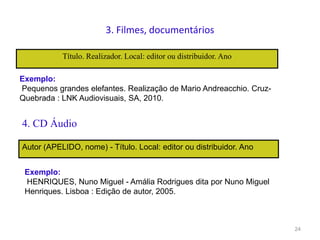 3. Filmes, documentários
Título. Realizador. Local: editor ou distribuidor. Ano
24
Exemplo:
Pequenos grandes elefantes. Realização de Mario Andreacchio. Cruz-
Quebrada : LNK Audiovisuais, SA, 2010.
4. CD Áudio
Autor (APELIDO, nome) - Título. Local: editor ou distribuidor. Ano
Exemplo:
HENRIQUES, Nuno Miguel - Amália Rodrigues dita por Nuno Miguel
Henriques. Lisboa : Edição de autor, 2005.
 