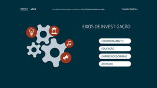 EIXOS DE INVESTIGAÇÃO
EDUCAÇÃO
ATIVISMO
EMPREENDEDORISMO
COMPORTAMENTO
Faça download da pesquisa completa em http://fundacaotelefonica.org.br
 