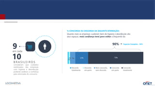 1%
2% 7% 17% 73%
Discordo
totalmente
Discordo
em parte
Nem concordo,
nem discordo
Concordo
em parte
Concordo
totalmente
9
B R A S I L E I RO S
consideram que cuidados
redobrados das empresas
com higiene e desinfecção
poderão acelerar a confiança
para retomada do consumo
em cada
10
90%
Quanto mais as empresas cuidarem bem da higiene e desinfecção dos
seus espaços, mais confiança terei para voltar a frequentá-las
% CONCORDA OU DISCORDA DA SEGUINTE AFIRMAÇÃO:
Superior Completo – 94%
 