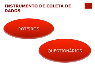INSTRUMENTO DE COLETA DE 
DADOS 
ROTEIROS 
QUESTIONÁRIOS 
 