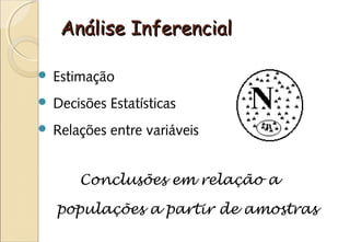 Análise Inferencial

   Estimação
   Decisões Estatísticas
   Relações entre variáveis


        Conclusões em relação a

    populações a partir de amostras
 