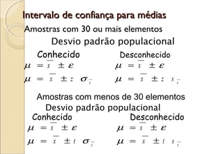 Intervalo de confiança para médias
Amostras com 30 ou mais elementos
      Desvio padrão populacional
  Conhecido           Desconhecido
µ = x    ± ε              µ = x ± ε
µ = x    ± z σ    x
                          µ = x ± z s   x


   Amostras com menos de 30 elementos
     Desvio padrão populacional
  Conhecido             Desconhecido
 µ = x ± ε           µ = x ± ε
 µ = x    ± t σ       x
                          µ = x ± t s   x
 