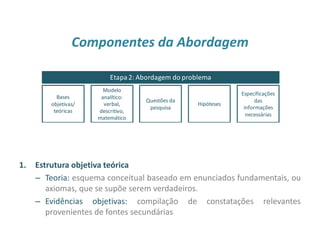 Componentes da Abordagem
1. Estrutura objetiva teórica
– Teoria: esquema conceitual baseado em enunciados fundamentais, ou
axiomas, que se supõe serem verdadeiros.
– Evidências objetivas: compilação de constatações relevantes
provenientes de fontes secundárias
14
Contextoambientaldo problema
Etapa1: Definição do problema
Problema de decisão gerencial Problema de pesquisa de marketing
Etapa2: Abordagem do problema
Bases
objetivas/
teóricas
Modelo
analítico:
verbal,
descritivo,
matemático
Questões da
pesquisa
Hipóteses
Especificações
das
informações
necessárias
Etapa3: Concepção da pesquisa
 