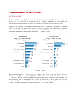 O entretenimento da mulher brasileira
ENTRETENIMENTO


Praticamente toda a população de internautas do Brasil acessa sites de Entretenimento. Para ser
exato, 97%. Esse conteúdo atrai igualmente homens e mulheres. No entanto, o público masculino
dedica mais tempo a esse assunto na web. Em média, eles passam 2,6 horas; elas, 2,1 horas.

Ao analisar as diferentes subcategorias que englobam o tema Entretenimento percebe-se a diferença
entre os conteúdos que atraem cada gênero. Os homens preferem sites Multimídia. As mulheres
acessam mais Notícias de Entretenimento (118) e Música (108). A média de tempo que elas dedicam
navegando por sites de Entretenimento Infantil e de TV também é maior.



             Entretenimento:                                     Entretenimento:
       alcance por categoria - Brasil                        uso por categoria - Brasil
           % de alcance por gênero                        Tempo de uso (minutos por visitante)




Os internautas brasileiros, independentemente de gênero, são ávidos consumidores de Notícias de
Entretenimento: 46% das brasileiras e 43% dos brasileiros acessaram esse tipo de conteúdo na web.
O alcance é maior até mesmo em relação ao restante da América Latina, onde a popularidade das
telenovelas e o culto às celebridades são notáveis. Já na América do Norte, apesar de homens e
mulheres também acessarem sites sobre o assunto, são elas as principais consumidoras da
categoria, gastando, em média, 25,5 minutos por visita a esse tipo de página.
 