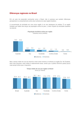 Diferenças regionais no Brasil


Em um país de proporção continental como o Brasil, não é surpresa que existam diferenças
perceptíveis no comportamento online das mulheres de cada região brasileira.

A concentração da atividade em uma única região é um dos destaques da análise. É na região
Sudeste que estão dois terços da população online do país, o maior impacto da atividade brasileira
na internet.

                             População brasileira online por região
                                     Visitantes únicos (milhões)




Mas o tempo médio de uso da internet é maior entre homens e mulheres na região Sul. No Sudeste,
área mais populosa, essa média é relativamente baixa, sendo que o público feminino passa pouco
mais tempo online que o masculino.

                           Tempo médio de uso por região no Brasil
                                         Horas por visitante
 
