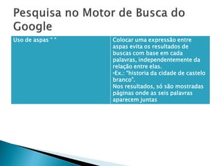 Uso de aspas “ “ Colocar uma expressão entre
aspas evita os resultados de
buscas com base em cada
palavras, independentemente da
relação entre elas.
•Ex.: “historia da cidade de castelo
branco”.
Nos resultados, só são mostradas
páginas onde as seis palavras
aparecem juntas
 
