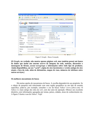 Figura 2: Google – Busca Avançada

[O Google, na verdade, não mostra apenas páginas web, mas também possui um banco
de dados que inclui um enorme acervo de imagens da rede, notícias, discussões e
mensagens de fóruns, usenet newsgroups e informações sobre todo tipo de produtos.
Ainda disponibiliza, em seu "cachê", cópias de sites inexistentes e versões antigas de sites
atuais e fora da rede, além de dicionários, mapas de ruas, números de telefones entre
outros serviços.]


Os melhores mecanismos de busca

        Há muitas opções de mecanismos de busca. A escolha dependerá do seu propósito. Se
o objeto de pesquisa está relacionado com uma região geográfica ou um tipo de assunto
específico, pode-se, por exemplo, consultar o site de busca Yahoo! (www.yahoo.com). O
Yahoo é o mais antigo dos sites da web, com dez anos de operação. Oferece um excelente
diretório, com informações agregadas por temas, países, cidades, áreas de conhecimento etc.
A figura 3 ilustra o uso do Yahoo!. Veja!
 