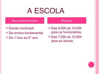 A ESCOLA Escola municipal De ensino fundamental  Do 1°ano ao 5° ano Das 6:00h às 12:00h para os funcionários. Das 7:00h às 12:00h para os alunos.  Sua característica Horário 
