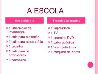 A ESCOLA 1 laboratório de informática 1 sala para a direção 1 sala para a secretária 1 cozinha 1 sala para os professores 2 banheiros 1 impressora 1 TV 1 aparelho DVD 1 caixa acústica 15 computadores 1 máquina de Xerox Seu ambiente Tecnologias usadas 