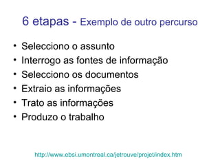 6 etapas -  Exemplo de outro percurso Selecciono o assunto Interrogo as fontes de informação Selecciono os documentos Extraio as informações Trato as informações Produzo o trabalho http://www.ebsi.umontreal.ca/jetrouve/projet/index.htm   