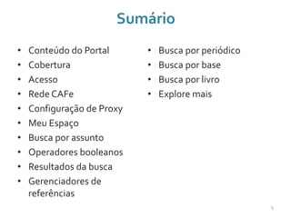 Sumário
• Conteúdo do Portal
• Cobertura
• Acesso
• Rede CAFe
• Configuração de Proxy
• Meu Espaço
• Busca por assunto
• Operadores booleanos
• Resultados da busca
• Gerenciadores de
referências
• Busca por periódico
• Busca por base
• Busca por livro
• Explore mais
5
 