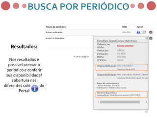 Resultados:
Nos resultados é
possível acessar o
periódico e conferir
sua disponibilidade/
cobertura nas
diferentes coleções do
Portal
BUSCA POR PERIÓDICO
50
 