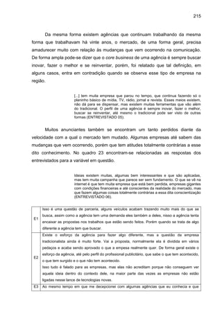 215
Da mesma forma existem agências que continuam trabalhando da mesma
forma que trabalhavam há vinte anos, o mercado, de ...