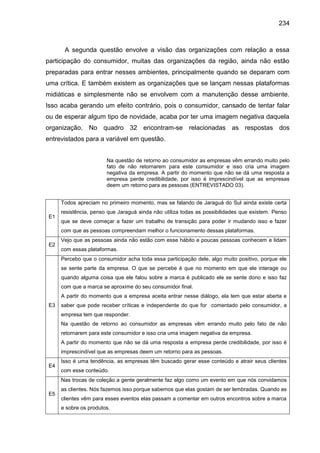234
A segunda questão envolve a visão das organizações com relação a essa
participação do consumidor, muitas das organizaç...