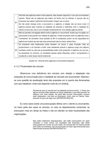 242
E7
Pelo fato das agências serem muito passivas, elas acabam seguindo o rumo que as empresas
querem. Raras são as agênc...