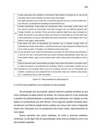 246
muitas vezes elas nem acreditam na ferramenta. Não adianta a empresa ter um site se ela
não sabe medir e tomar decisõe...