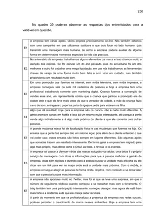 250
No quadro 39 pode-se observar as respostas dos entrevistados para a
variável em questão.
E1
A empresa tem várias ações...