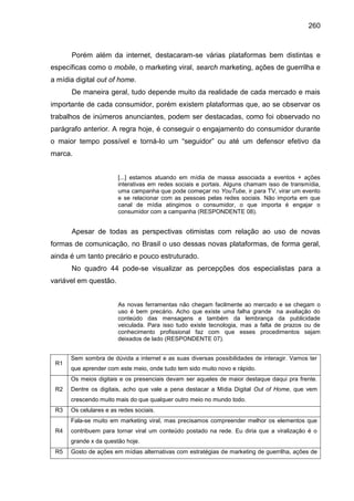 260
Porém além da internet, destacaram-se várias plataformas bem distintas e
específicas como o mobile, o marketing viral,...