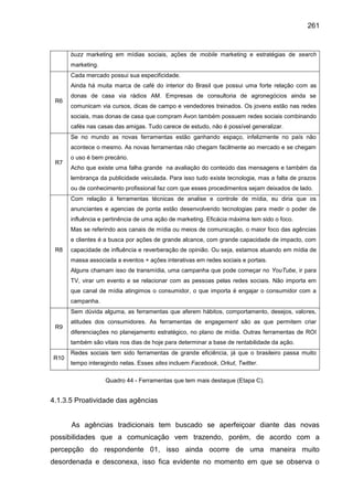 261
buzz marketing em mídias sociais, ações de mobile marketing e estratégias de search
marketing.
R6
Cada mercado possui ...