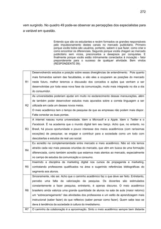 272
vem surgindo. No quadro 49 pode-se observar as percepções dos especialistas para
a variável em questão.
Entendo que sã...