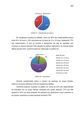 283
Gráfico 01 - Classificação por gênero.
Do arcabouço amostral já relatado, cerca de 58% dos respondentes possui
entre 2...
