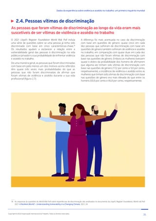 2.4. Pessoas vítimas de discriminação
As pessoas que foram vítimas de discriminação ao longo da vida eram mais
suscetíveis de ser vítimas de violência e assédio no trabalho
18 As respostas às questões do World Risk Poll sobre experiências de discriminação são analisados no documento da Lloyd’s Register Foundation, World risk Poll
2021: A Resilient World? – Understanding Vulnerability in a Changing Climate, 2021, 24.
O 2021 Lloyd’s Register Foundation World Risk Poll incluía
uma série de questões sobre se uma pessoa já tinha sido
discriminada com base em cinco características-chave.18
Os resultados ajudam a esclarecer a relação entre a
vulnerabilidade geral das pessoas à discriminação na vida
pública e privada e a sua probabilidade de enfrentar violência
e assédio no trabalho.
De uma maneira geral, as pessoas que foram discriminadas
com base em pelo menos um dos motivos acima referidos
têm quase três vezes mais probabilidades do que as
pessoas que não foram discriminadas de afirmar que
foram vítimas de violência e assédio durante a sua vida
profissional (figura 2.7).
A diferença foi mais acentuada no caso da discriminação
com base em questões de género: quase cinco em cada
dez pessoas que sofreram de discriminação com base em
questões de género também sofreram de violência e assédio
no trabalho, em comparação com quase duas em cada dez
das pessoas que não foram vítimas de discriminação com
base nas questões de género. Embora as mulheres tivessem
quase o dobro da probabilidade dos homens de afirmarem
que alguma vez tinham sido vítimas de discriminação com
base nas questões de género (17,2 por cento e 9,0 por cento,
respetivamente), a incidência de violência e assédio entre as
mulheres que tinham sido vítimas de discriminação com base
nas questões de género era mais elevada do que entre os
homens (50,9 por cento e 46,8 por cento, respetivamente).
35
Copyright © 2022 Organização Internacional do Trabalho. Todos os direitos reservados
334-24_OIT_DadosExperienciaViolenciaAssedioTrabalho
﻿
Dados da experiência sobre violência e assédio no trabalho: um primeiro inquérito mundial﻿
 