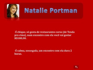 -É chique, só gosta de restaurantes caros (de Tenda
   pra cima), num encontro com ela você vai gastar
   R$180,00.



   -É calma, sossegada, um encontro com ela dura 2
   horas.



                                                         x1
PESQUISA OPERACIONAL                     home             Slide 17 de 93
 