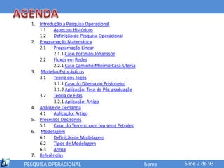 1. Introdução a Pesquisa Operacional
     1.1    Aspectos Históricos
     1.2    Definição de Pesquisa Operacional
  2. Programação Matemática
     2.1    Programação Linear
            2.1.1 Caso Portman-Johansson
     2.2    Fluxos em Redes
            2.2.1 Caso Caminho Mínimo Casa-Ufersa
  3. Modelos Estocásticos
     3.1    Teoria dos Jogos
            3.1.1 Caso do Dilema do Prisioneiro
            3.1.2 Aplicação: Tese de Pós-graduação
     3.2    Teoria de Filas
            3.2.1 Aplicação: Artigo
  4. Análise de Demanda
     4.1    Aplicação: Artigo
  5. Processos Decisórios
     5.1    Caso do Terreno com (ou sem) Petróleo
  6. Modelagem
     6.1    Definição de Modelagem
     6.2    Tipos de Modelagem
     6.3    Arena
  7. Referências
PESQUISA OPERACIONAL                                 home   Slide 2 de 93
 