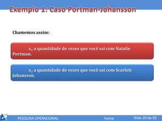 Chamemos assim:


      x1 a quantidade de vezes que você sai com Natalie
Portman.


       x2 a quantidade de vezes que você sai com Scarlett
Johansson.




  PESQUISA OPERACIONAL                     home             Slide 20 de 93
 