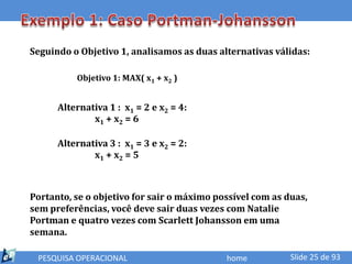 Seguindo o Objetivo 1, analisamos as duas alternativas válidas:

          Objetivo 1: MAX( x1 + x2 )


      Alternativa 1 : x1 = 2 e x2 = 4:
              x1 + x 2 = 6

      Alternativa 3 : x1 = 3 e x2 = 2:
              x1 + x 2 = 5



Portanto, se o objetivo for sair o máximo possível com as duas,
sem preferências, você deve sair duas vezes com Natalie
Portman e quatro vezes com Scarlett Johansson em uma
semana.

 PESQUISA OPERACIONAL                       home           Slide 25 de 93
 