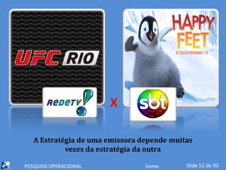 X

   A Estratégia de uma emissora depende muitas
            vezes da estratégia da outra

PESQUISA OPERACIONAL             home       Slide 52 de 93
 