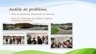 Análise do problema:
• Busca de referências. (tratamento do chorume)
• Busca da constatação do problema. (Impacto
ambiental comprovado)
 