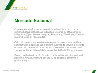 O ranking de plataformas no mercado brasileiro, de acordo com o
número de lojas pesquisadas, indica boa presença de plataformas de
código livre (Open Source). Magento, Prestashop, WordPress, Opencart
e Joomla foram as mais citadas.
Outro fator a ser considerado é que apesar de haver uma quantidade
significativa de empresas que oferecem esse tipo de serviço, o mercado
brasileiro de plataformas de e-commerce mostra-se concentrado, uma
vez que as dez primeiras plataformas juntas detêm 57,8% do mercado.
Quando avaliadas do ponto de vista do volume financeiro transacionado
pelas lojas virtuais, o ranking das top 10 se apresenta conforme o
gráfico a seguir.
Mercado Nacional
* Estimativa ABComm 2014
 