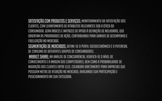SATISFAÇÃO COM PRODUTOS E SERVIÇOS: Monitoramento da satisfação dos
clientes, com levantamento de atributos relevantes sob a ótica do
consumidor. Gera índices e matrizes de apoio à definição de melhorias, que
orientam as prioridades de ação, contribuindo para ganhos de desempenho e
fidelização no mercado.
SEGMENTAÇÃO DE MERCADOS: Define-se o perfil socioeconômico e o potencial
de consumo de diferentes grupos de consumidores.
MARKET SHARE: Na análise de concorrência, verifica-se o nível de
conhecimento e a imagem dos competidores, bem como a probabilidade de
migração dos clientes entre eles. Colabora diretamente para empresas que
possuem metas de atuação no mercado, avaliando sua participação e
posicionamento na sua categoria.

 