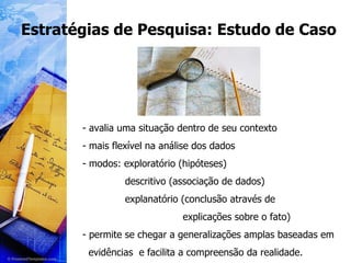 Estratégias de Pesquisa: Estudo de Caso - avalia uma situação dentro de seu contexto - mais flexível na análise dos dados - modos: exploratório (hipóteses) descritivo (associação de dados) explanatório (conclusão através de explicações sobre o fato) permite se chegar a generalizações amplas baseadas em  evidências  e facilita a compreensão da realidade.  