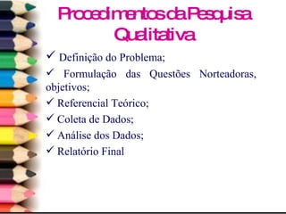 Procedimentos da Pesquisa Qualitativa Definição do Problema; Formulação das Questões Norteadoras, objetivos; Referencial Teórico; Coleta de Dados; Análise dos Dados; Relatório Final 